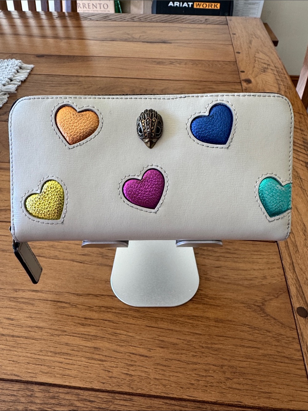 Kurt Geiger White Zip-Around Wallet with Multicolor Heart Inlays